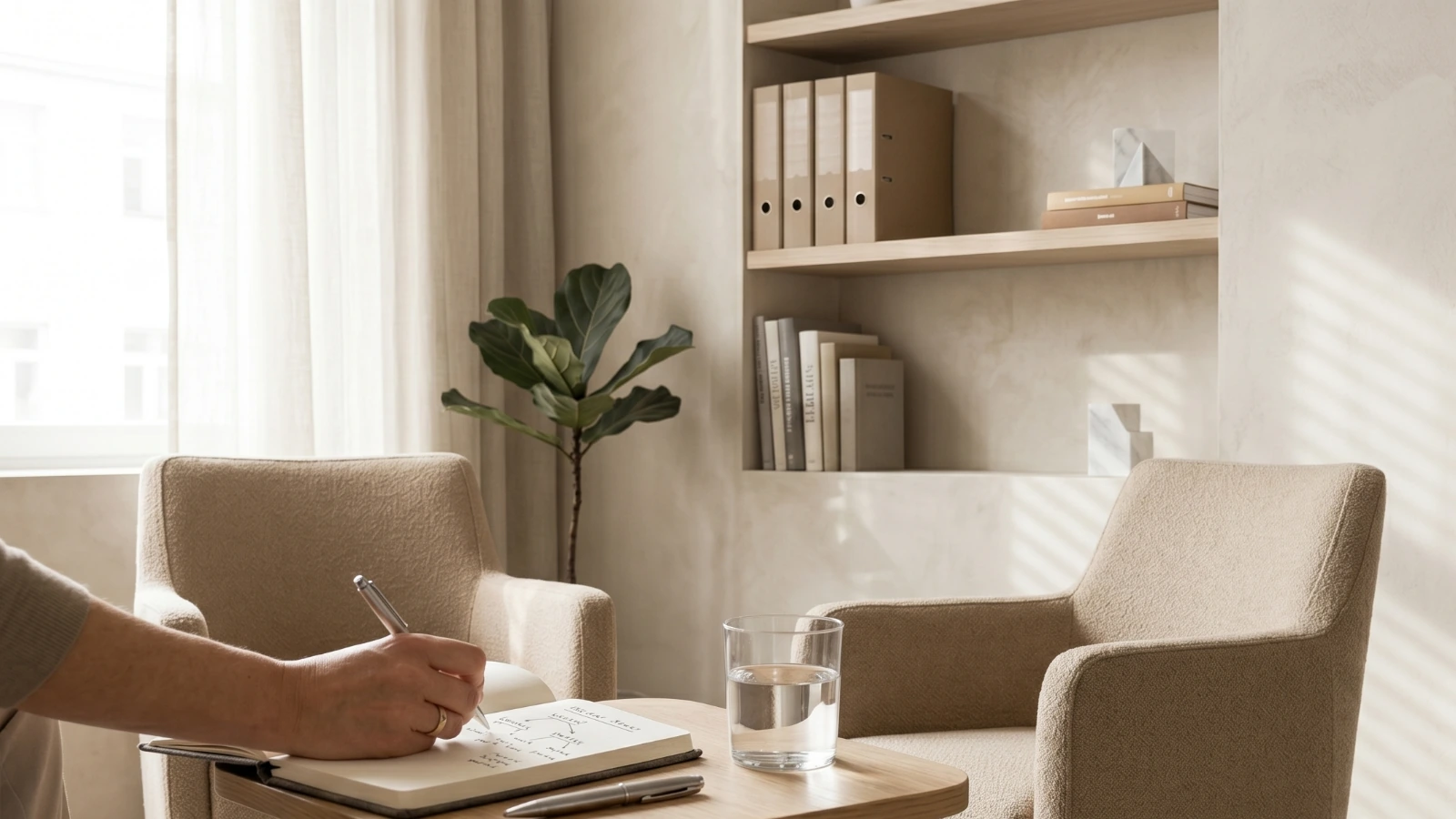 Mise en situation : espace de coaching individuel avec fauteuils et carnet de séance.